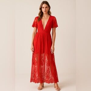 Red Deep V Neck lace maxi Dress empire waist Fairy romantic wedding Flowy Boho M